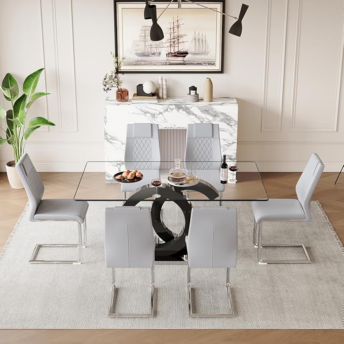 63'' Glass Dining Table Set for 6, Kitchen Table Chairs Set of 6, Clear Glass Dining Table with Black unique design Leg and Silver Metal Base, 6 PU Dining Chairs with Metal Legs, Living Room, Kitchen.