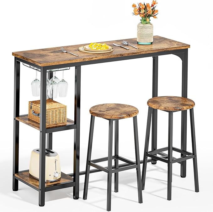 3-Piece Bar Table Set for 2, Bar Height Table with Stools & 2 Storage Shelves, Small Bar Table Set with Glass Rack, Small Kitchen Table for Dining Room, Living Room, Rustic Brown