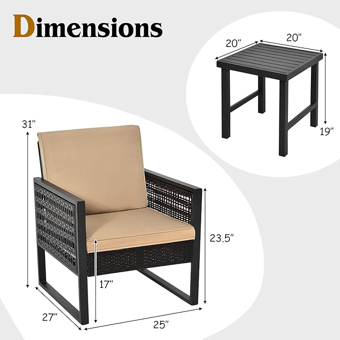 Tangkula 3 Piece Patio Wicker Bistro Set, Outdoor Rattan Sofa, Conversation Furniture w/Coffee Table, Seat and Back Cushions, Garden, Backyard, Balcony, Poolside