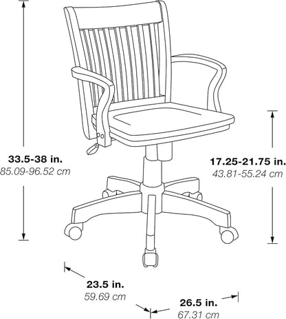 OSP Home Furnishings Deluxe Wood Banker's Desk Chair with Padded Seat, Adjustable Height and Locking Tilt, Fruitwood Finish and Black Vinyl