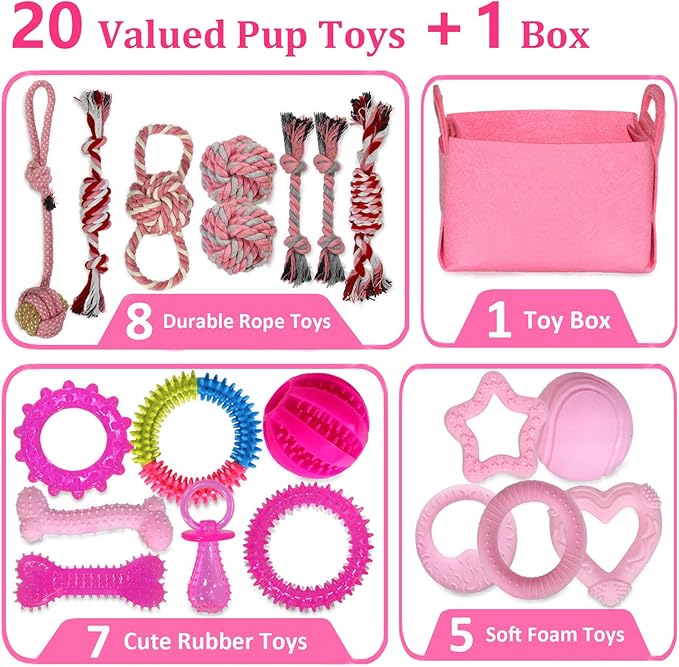 Puppy Toys Set - 20 Pack Pink Dog Chew Toys for Teething Small Breeds - Tough Rope Toys for Puppies, Cute Soft Rubber Toys Bundle with Basket for Girl Pets