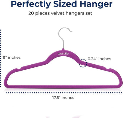 SereneLife 20 Pack Velvet Hangers – Non-Slip Clothes Hangers with Heavy Duty Design, Slim Space-Saving Coat Hangers with 360° Swivel Hook, Strong Lightweight Closet Organizer Set for Clothes (Purple)