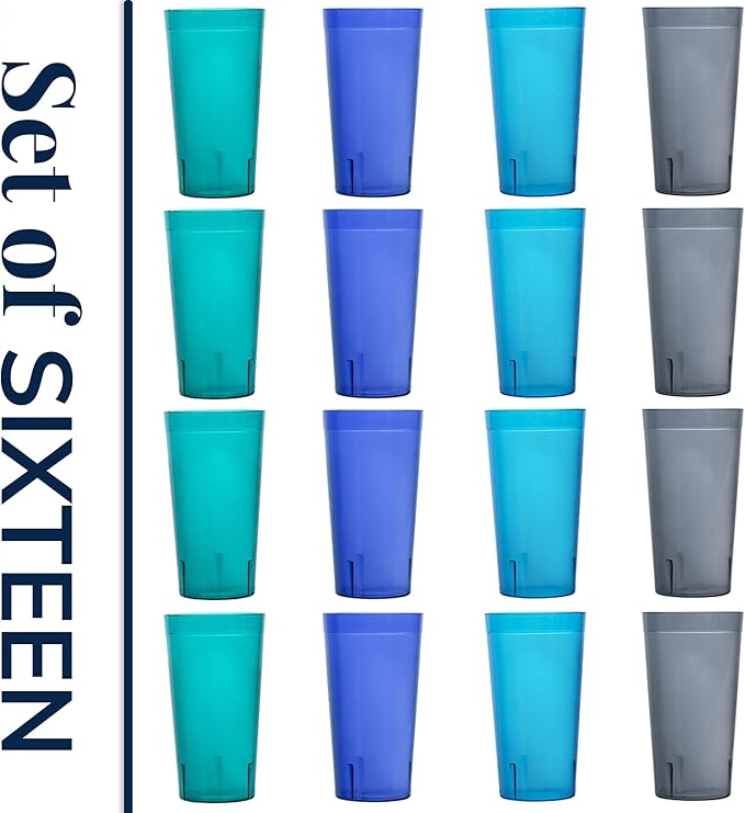 US Acrylic Cafe Plastic Reusable Tumblers (Set of 16) 20-ounce Water Cups Coastal Colors | Restaurant Style Drinking Glasses Value Set, Stackable, BPA-free, Made in the USA | Top-rack Dishwasher Safe