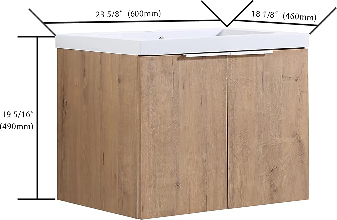 Goujxcy 24" Wall Mounted Bathroom Vanity with Sink, Modern Floating Bathroom Cabinet with White Resin Wash Basin & Storage Cabinet, Soft-Close Door Plywood Hanging Bath Room Cabinet (Imitative Oak)