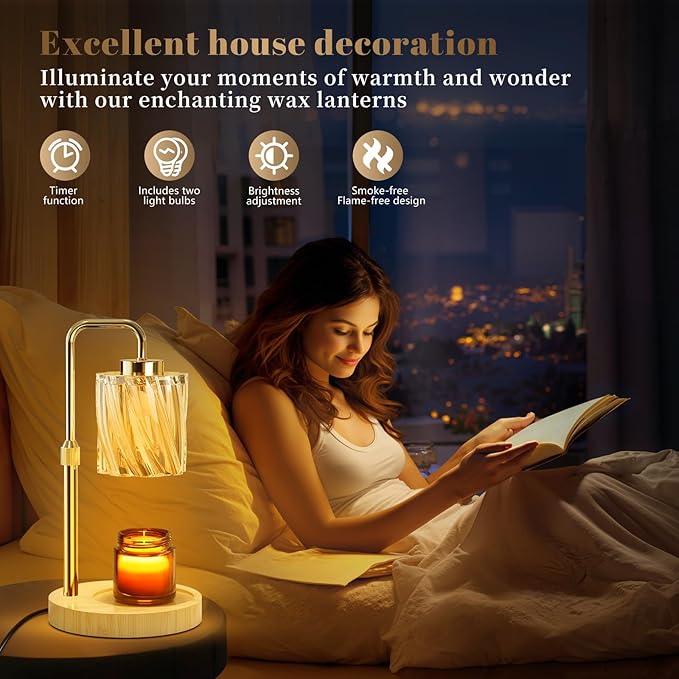 WarmEmbrace Candle Warmer Lamp with Adjustable Height& & Timer Dimmable Light, Gifts for Mom Women, House Warming Gifts New Home Bedroom Decor, Wax Melt Warmer for Jar Candles with 2 Bulbs/Gold