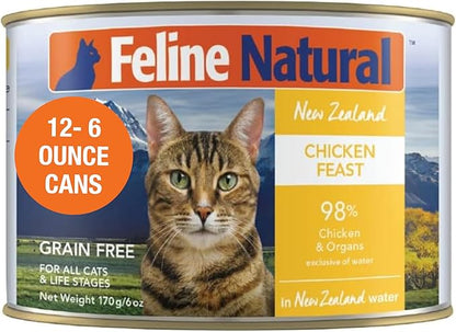Feline Natural New Zealand Canned Catfood Wet Food, High-Meat, Low-Carb, & Grain Free Cat Food Wet, Chicken Feast, 6 oz, Pack of 12