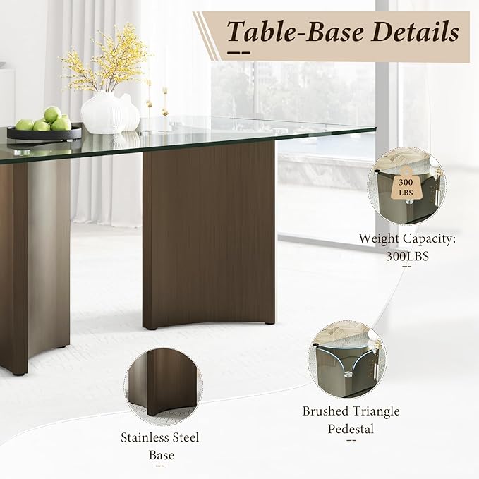 Asday 78” Modern Glass Dining Table, Rectangular Tempered Glass Kitchen Table with Dual Triangular Stainless Steel Pedestal for Living Room, Kitchen, Dining Room, Brushed Bronze