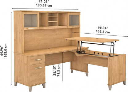 Bush Furniture Somerset 72W 3 Position Sit to Stand L Shaped Desk with Hutch in Maple Cross | Adjustable Height Table for Office