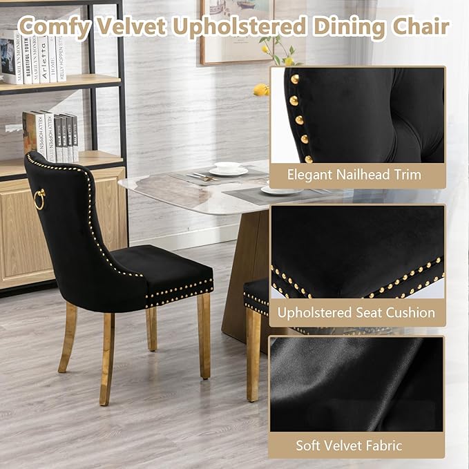 Goujxcy Modern 5 Piece Glass Dining Table Set Luxury Glass Kitchen Table and Chair Set for 4, 70" Large Rectangular Dining Room Table with 4 Tufted Chairs and Stainless Steel Legs (Gold & Black)