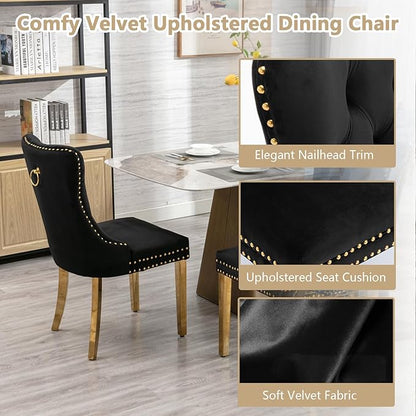 Goujxcy Modern 5 Piece Glass Dining Table Set Luxury Glass Kitchen Table and Chair Set for 4, 70" Large Rectangular Dining Room Table with 4 Tufted Chairs and Stainless Steel Legs (Gold & Black)