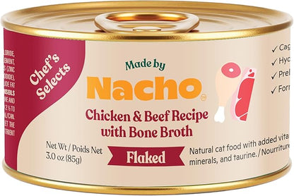 Made by Nacho Flaked Filets Recipe in Bone Broth, Grain-Free Chef's Selects Wet Food for Cats Balanced Diet in Naturally Hydrating Pumpkin-Infused Broth (3.0 oz (Pack of 12), Chicken & Beef)