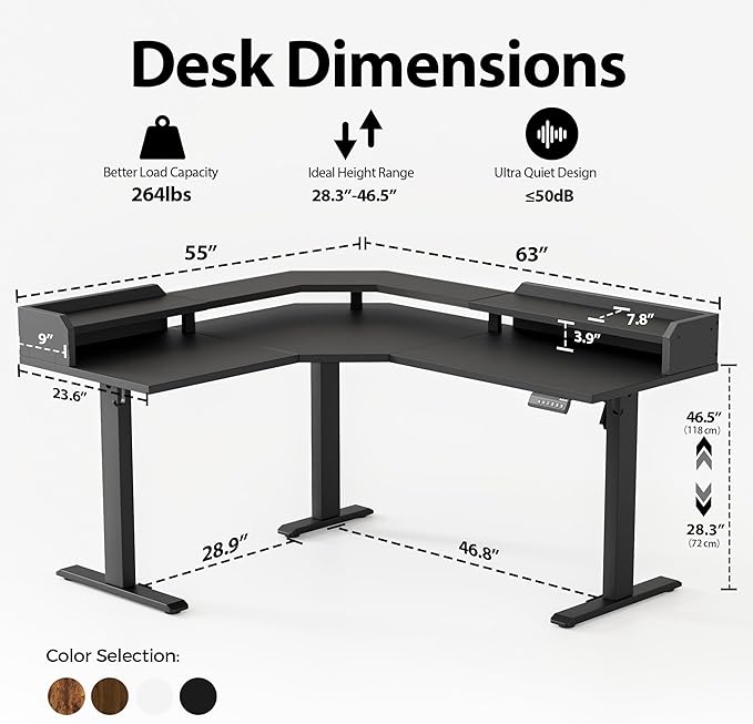 Agilestic L Shaped Standing Desk, Adjustable Height Corner Gaming Desk with Shelf, Sit Stand Up Desk, 63 x 55 Inch Home Office Computer Table, Black