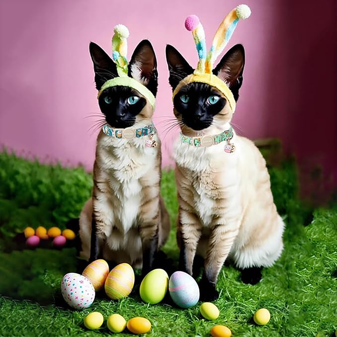 ARING PET 2 Pack Easter Cat Collars-Cute Bunny Cat Collar Breakaway with Bell&Pendant, Adjustable Green Rabbit Kitten Collars with Safety Buckle for Girl&Boy Cats