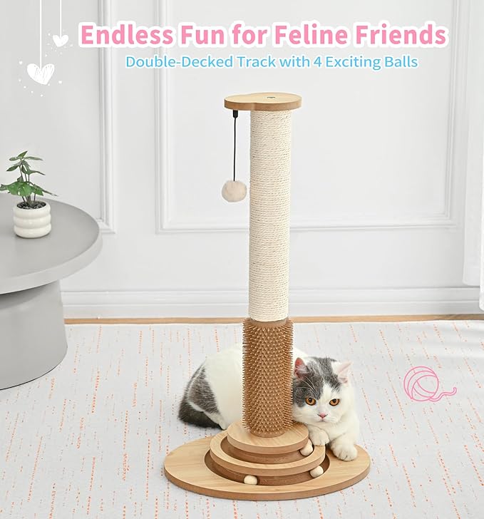Made4Pets Cat Scratching Post Premium Sisal Cat Scratcher Kitten Toys for Indoor Kittens 28.3" Tall Cat Tower Scratch Post Cat Tree Wooden Interactive Ball Track Cat Toy with Hanging Ball, Beige