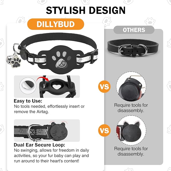 Airtag Cat Collar Breakaway, Reflective Kitten Collar with Bell and Apple Air Tag Holder, GPS Cute Cat Collar, Glow in The Dark Pet Collars for Boy Girl Cats, Kittens, Puppies, Black