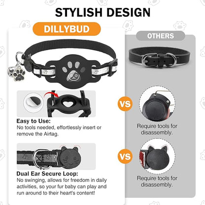 Airtag Cat Collar Breakaway, Reflective Kitten Collar with Bell and Apple Air Tag Holder, GPS Cute Cat Collar, Glow in The Dark Pet Collars for Boy Girl Cats, Kittens, Puppies, Black