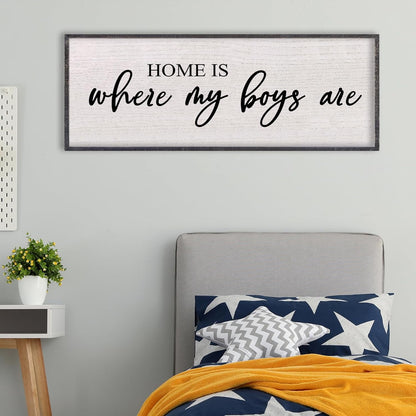 Home Is Where My Boys Are Wall Decor 32"×12" mom and her boys Sign for boys room Playroom Large Wood Framed Wall Hanging Art (Black)
