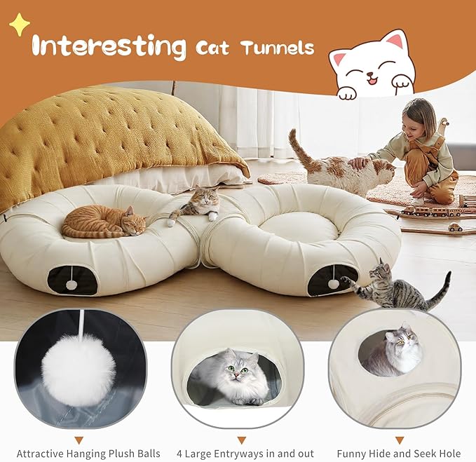 Pawaboo 2-in-1 Cat Tunnel Bed for Indoor Cats, 8-Shaped Large Cat Tunnels with Plush Cushions, Foldable Cats Cave Hideout Kitty Toys with Fluffy Balls, Donut Tunnel for Kitten Rabbit Ferret,Beige