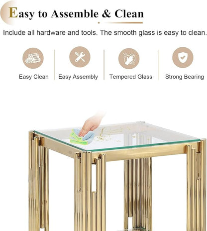 3 Pieces Glass Living Room Table Set Modern Coffee Table Console Table End Table Set with Storage 2-Tier Glass Gold Coffee Table Set w/Stainless Steel Frame for Apartment Home Office