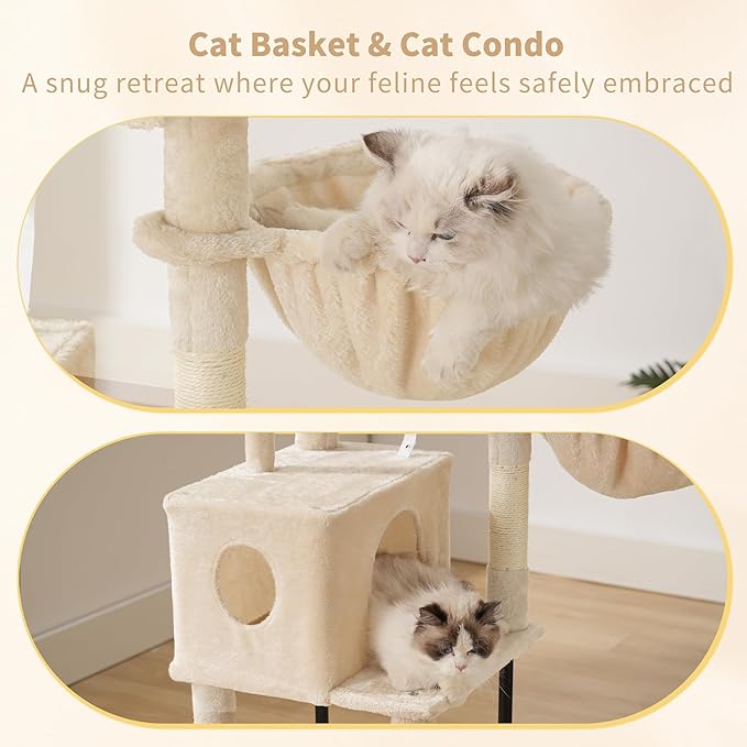 Heybly Cat Tree, 49.2 Inches Cat Tower for Indoor Cats, Spacious Cat House Condo with Hidden Space，Sturdy Steel Tube，Soft Plush Top Perch，Cozy Hammock and Sisal Scratching Posts, Beige HCT200SM