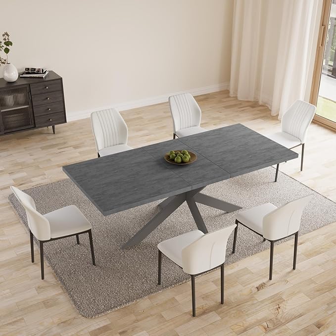 ZckyCine 6-8 People Modern Rectangular Kitchen Dining Table Extendable Dining Table Set for 6, 63–79 inch, Space-Saving Gray Table with 6 White PU Leather Cushioned Chairs, Metal Frame, Easy Assembly