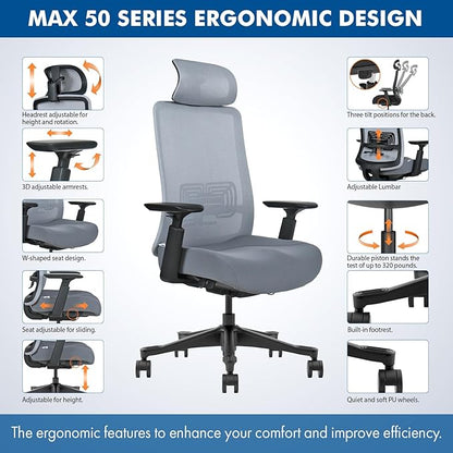 Mesh Office Chair with Headrest – Ergonomic Office Chair with Lumbar Support, Adjustable 3D Arms & Soft Seat – Holds Up to 330lbs (Gray)