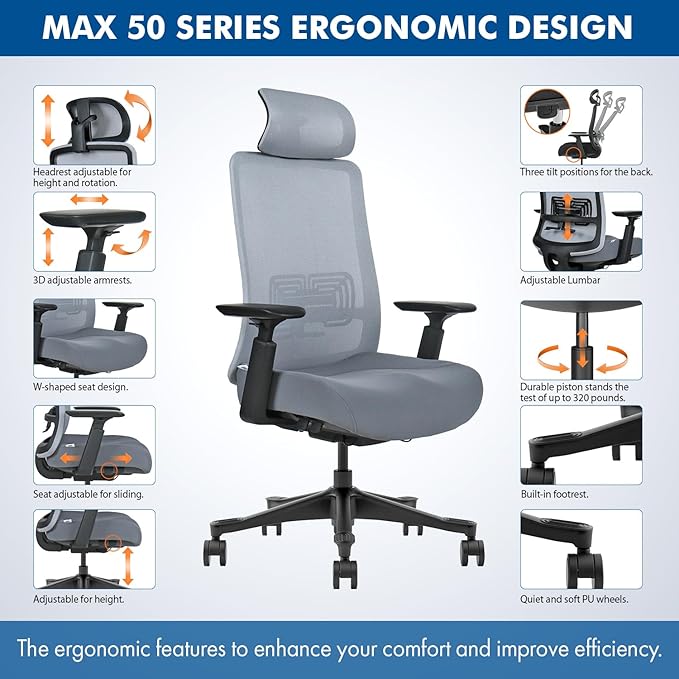 Mesh Office Chair with Headrest – Ergonomic Office Chair with Lumbar Support, Adjustable 3D Arms & Soft Seat – Holds Up to 330lbs (Black)
