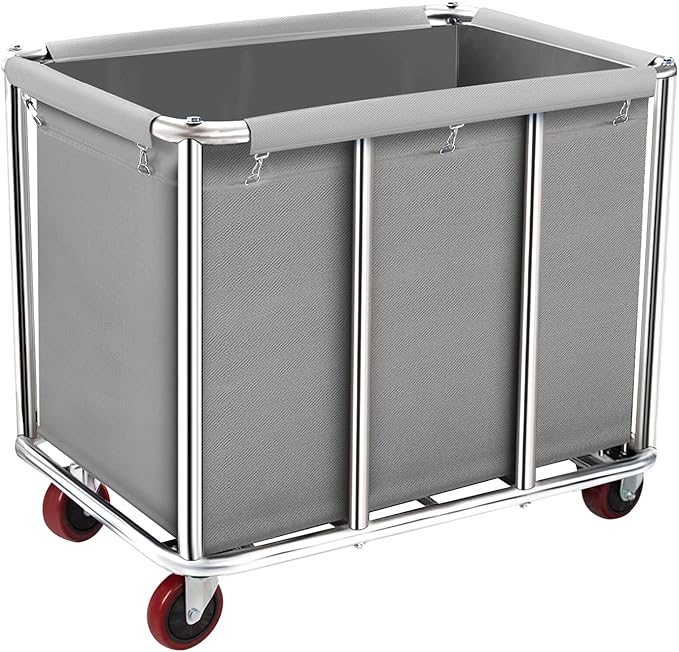 Commercial Laundry Cart on Wheels, 11.35 Bushels Large Roller with Removable Waterproof Canvas Lined Basket, Heavy Duty Stainless Steel for Hotels and Hospitals