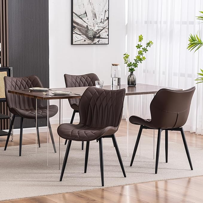 Kidol & Shellder Modern Dining Chairs Set of 2 Comfy Dining Room Chairs with Thick Cushions PU Leather Upholstered Kitchen Side Chairs with Metal Legs Brown