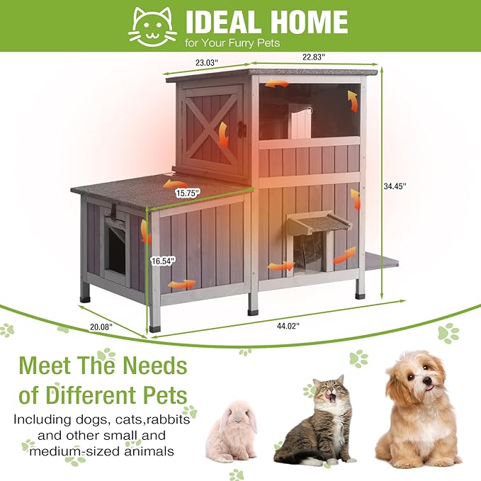 GUTINNEEN Large Insulated Cat House for Outside Indestructible Outdoor Cat House 2-Section Weatherproof Feral Cat Shelter with 3 Escape Doors for 1-5 Feral Barn Cats (Winter-Ready, 43.3"x29.4"x33.4")