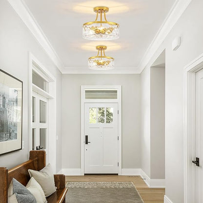 11.81" Modern Gold Semi Flush Mount Ceiling Light, Hammered Glass Hallway Light Fixtures, Entryway Light Fixture, 3-Light Lighting Fixtures for Kitchen Island Dining Room Bedroom Laundry, UL Listed
