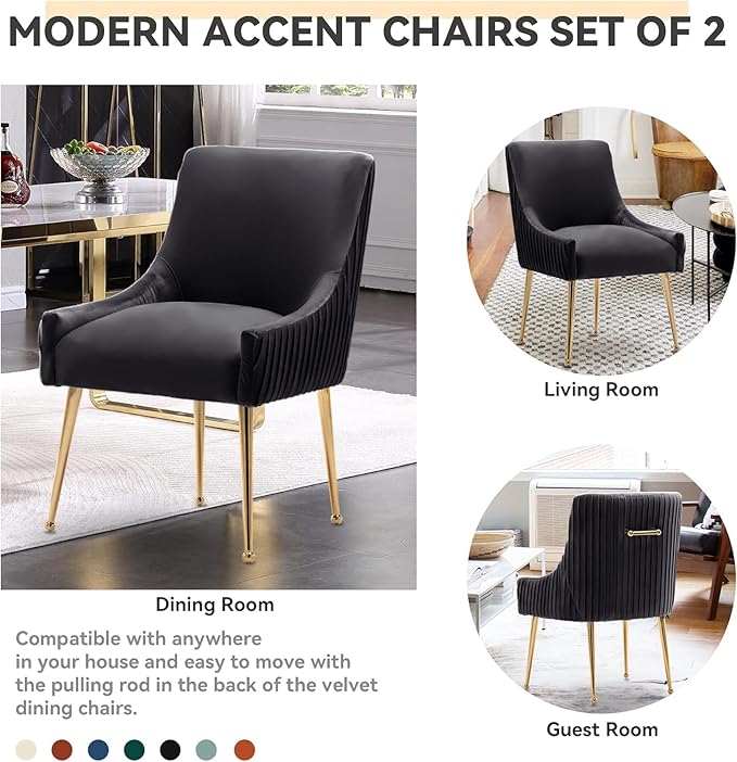 Dining Chairs, Accent Chairs Set of 4, Modern Upholstered Kitchen Dining Room Chairs with Gold Legs, Fabric Tufted Velvet Living Room Chairs for Reception Room Bedroom Guest Room (Black)