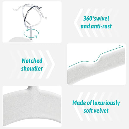 Premium Velvet Shirt Hangers 30 Pack, Non-Slip 360° Swivel Hook Slim Felt Hanger, Space Saving Flocked Hangers for Tank Tops, Blouses, Strappy Dresses(White)