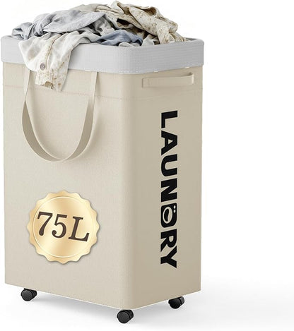 YECAYE 75L Rolling Laundry Hamper, Easy-to-Assemble Clothes Hamper with Wheels, Rolling Dirty Clothes Basket, Slim Basket for Bedroom, Bathroom, or Laundry Room, Beige