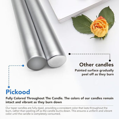 New Burning Formula Unscented Dripless 12-Inch Taper Candles Set of 12 - Silver, for Wedding, Dinner - Smokeless, Long Burning - Hand Poured, Colored Tall Candlesticks - Plata