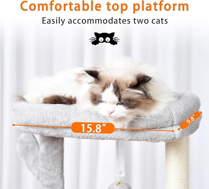 Heybly Cat Tree, 39.4 Inches Tower Condo with Scratching Post, Cat Tower for Indoor Cats, Fully Wrapped Sisal Pole, Soft Platform, 2 Baskets and Dangling Toy, Light Gray HCT006SW