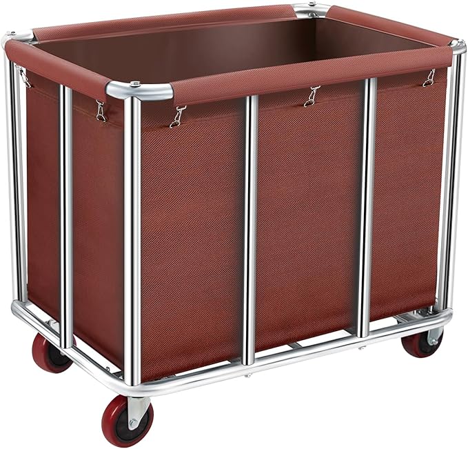 Commercial Laundry Cart on Wheels, 11.35 Bushels Large Roller with Removable Waterproof Canvas Lined Basket, Heavy Duty Stainless Steel for Hotels and Hospitals