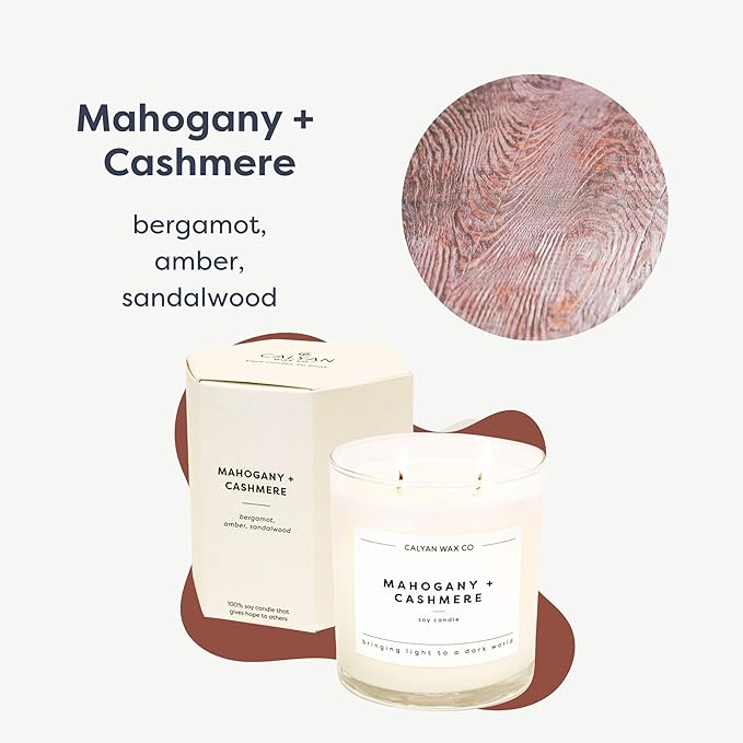 Calyan Wax Co. Mahogany & Cashmere 2 Wick Scented Candle - 37 Hour Burn - Luxury Non Toxic Soy Wax Candles - Long Lasting Large Glass Jar Candle for Home - 8.8oz