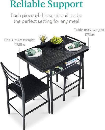 Best Choice Products 3-Piece Modern Dining Set, Space Saving Dinette for Kitchen, Dining Room, Small Space w/Steel Frame, Built-in Storage Rack - Black/Black