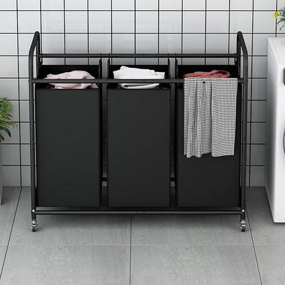 LINZINAR 3-Bag Laundry Basket Hamper Laundry Sorter Cart laundry room organization with Heavy Duty Rolling Lockable Wheels and Removable Bags (Black)