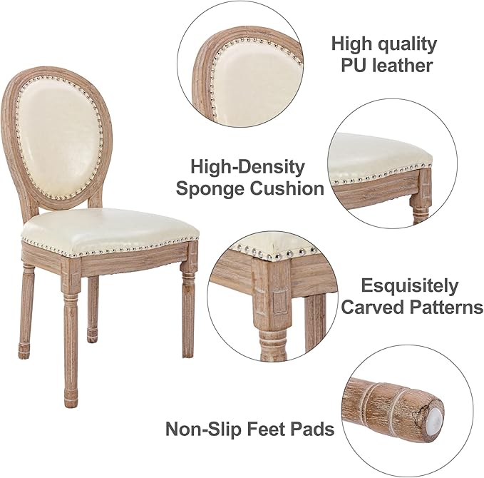 Nrizc French Country Dining Chairs Set of 6, Leather Farmhouse Dining Room Chairs with Round Back, Solid Wood Legs, Oval Side Chairs for Kitchen/Bedroom/Dining Room