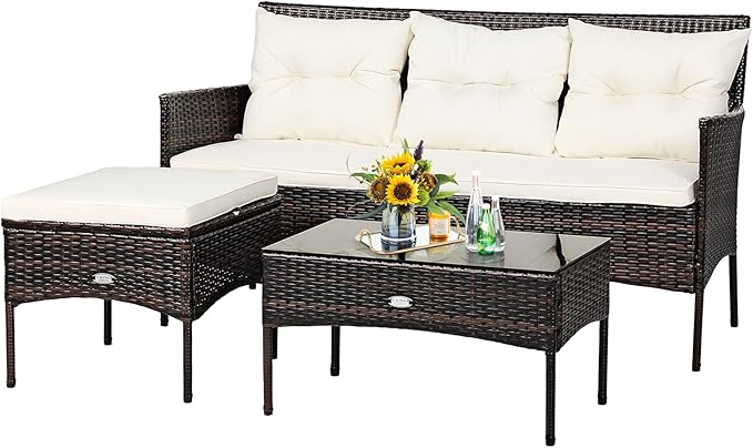 Tangkula 3 Pieces Patio Conversation Set, Outdoor PE Rattan Wicker Furniture Set W/Cozy Cushions, All Weather Sectional Sofa Set W/Tempered Glass Coffee Table for Poolside, Backyard, Garden