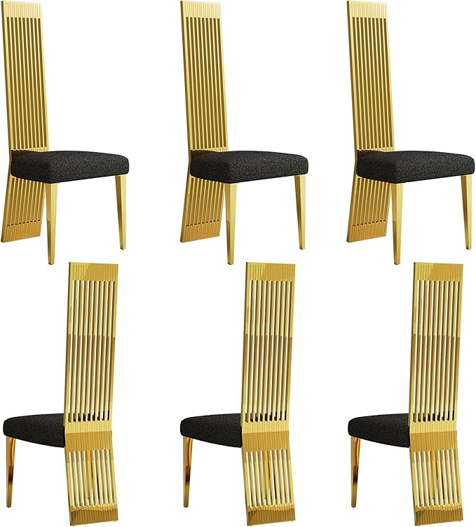 Dining Chairs Set of 6, Black Boucle Dining Room Chairs with Polished Gold Stainless Steel Legs and High Back