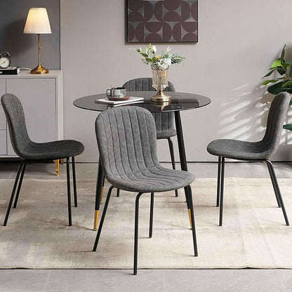 Glass Round Dining Table Set for 4, 35.43" Round Kitchen Table Transparent with 4 Upholstered Accent Chairs Space Saving Dining Chairs for Small Spaces