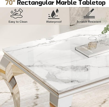 7-Piece Dining Table Set for 6, Modern Dining Room Set with 70'' Marble Dinner Table and 6 High-Back Upholstered Chairs, Stainless Steel Legs Table & Chair Set for Kitchen, Gray & Silver