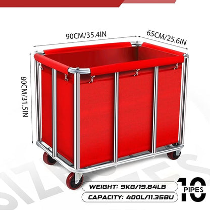 Commercial Laundry Cart on Wheels, 11.35 Bushels Large Laundry Roller, Heavy Duty Stainless Steel, Silver