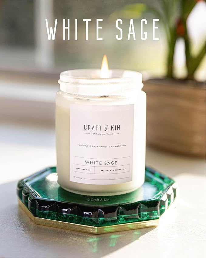 Craft & Kin White Sage Christmas Scented Candles for Cleansing | 8 Oz 45 Hour Long Lasting Holiday Candle | Classic Soy Woodwick Winter Candles | Made with Natural Soy | Gifts for Men and Women