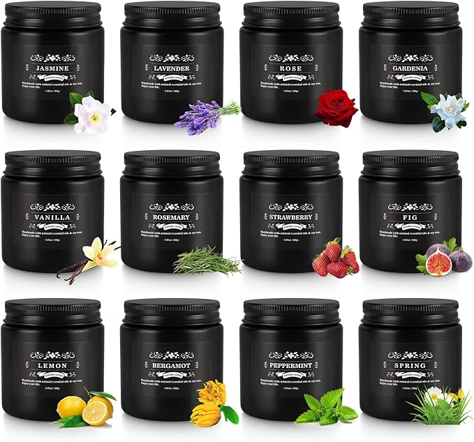 Scented Candle Set 12 Pack,Black, Candle for Home Scented, Odor Eliminating, Stress Relief, Long Lasting Soy Wax Gift Set
