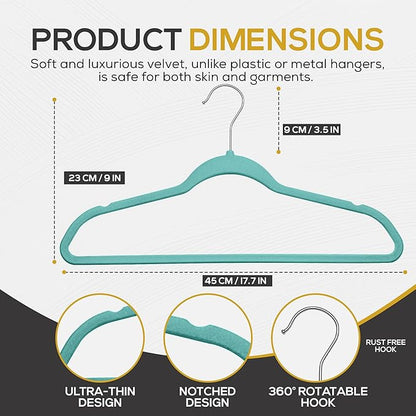 50 Pack New Premium Quality Velvet Hangers Ultra Thin Non Slip Adult Felt Space Saving Hangers for Closet Heavy Duty Coat Pants Dress Hangers 360° Swivel Hook Hold Upto 10 lbs Teal