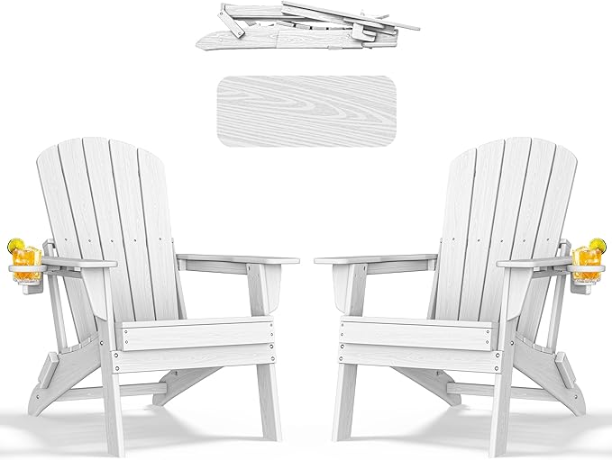 nevilywood Folding Adirondack Chair - Extended Ergonomic Backrest, Cup Holder - Easy Assembly - Durable HDPE Plastic, Weather Resistant & Maintenance-Free - Lawn, Patio, Deck Supports 380lbs White